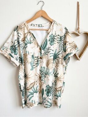 Izuria Womens Botanical Hibiscus Tropical Coastal Safari Blouse 1XL Off White